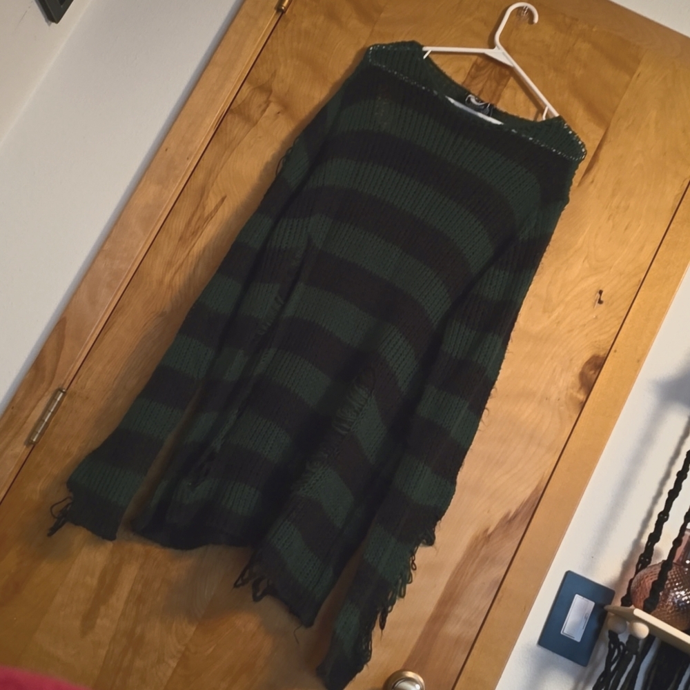 Killstar XXL Distressed Knit Green and Black Striped Goth Sweater